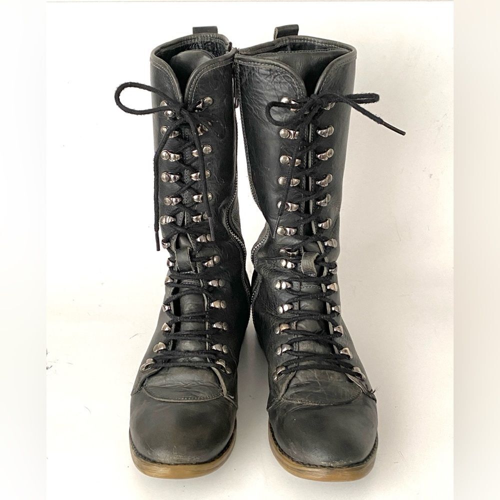 BED STU Dark Gray Combat Tall Boots Sz 8 Distressed Lace Up Zip Boho Urban Punk - Picture 5 of 10